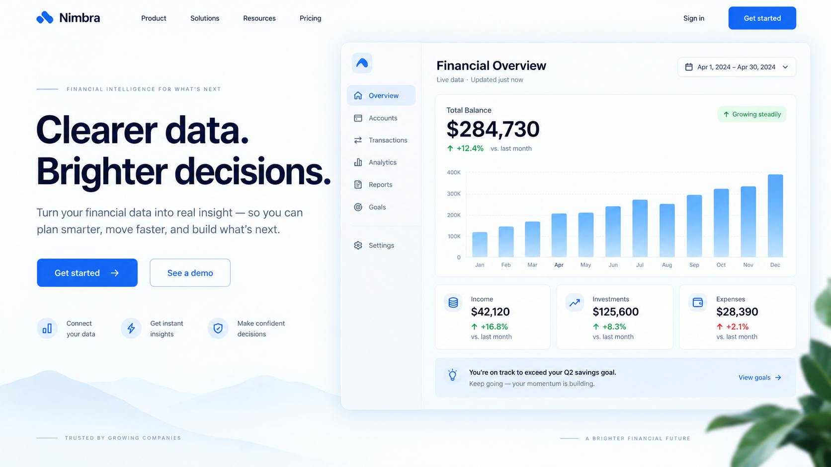 Fintech analytics dashboard with revenue charts and balances