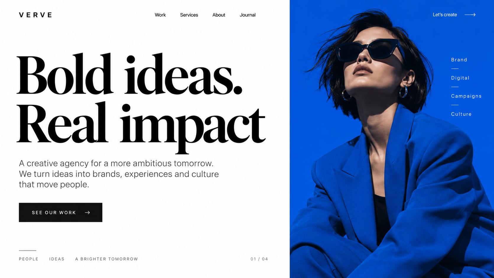 Creative agency homepage with oversized type and case studies