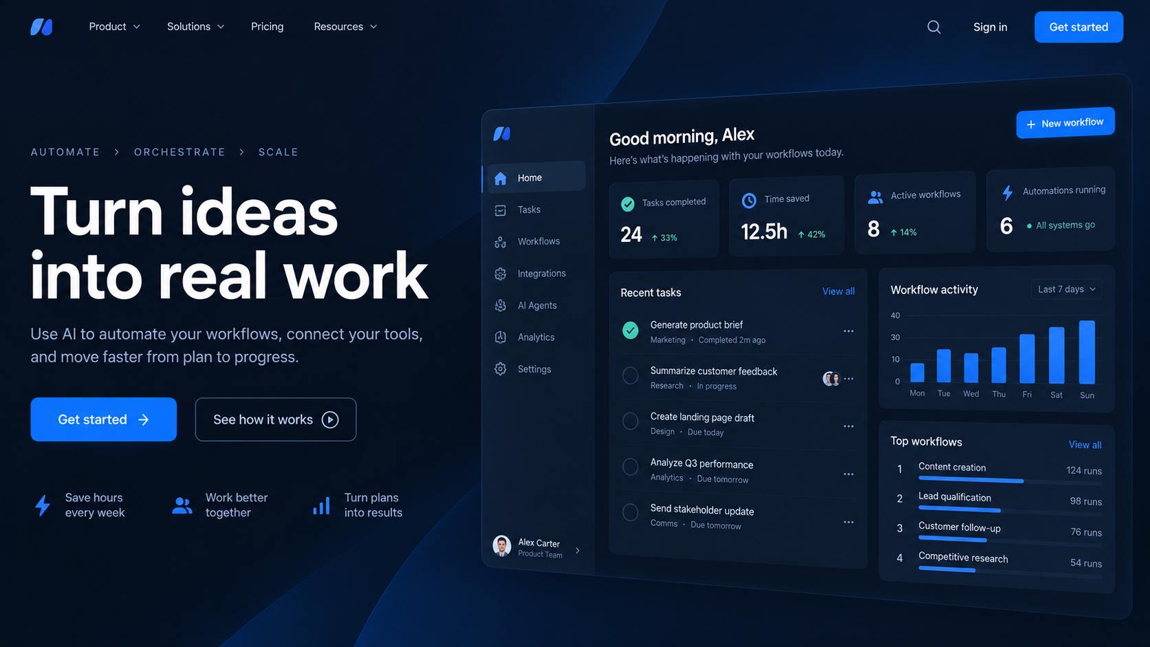 AI workflow platform landing page with product dashboard preview