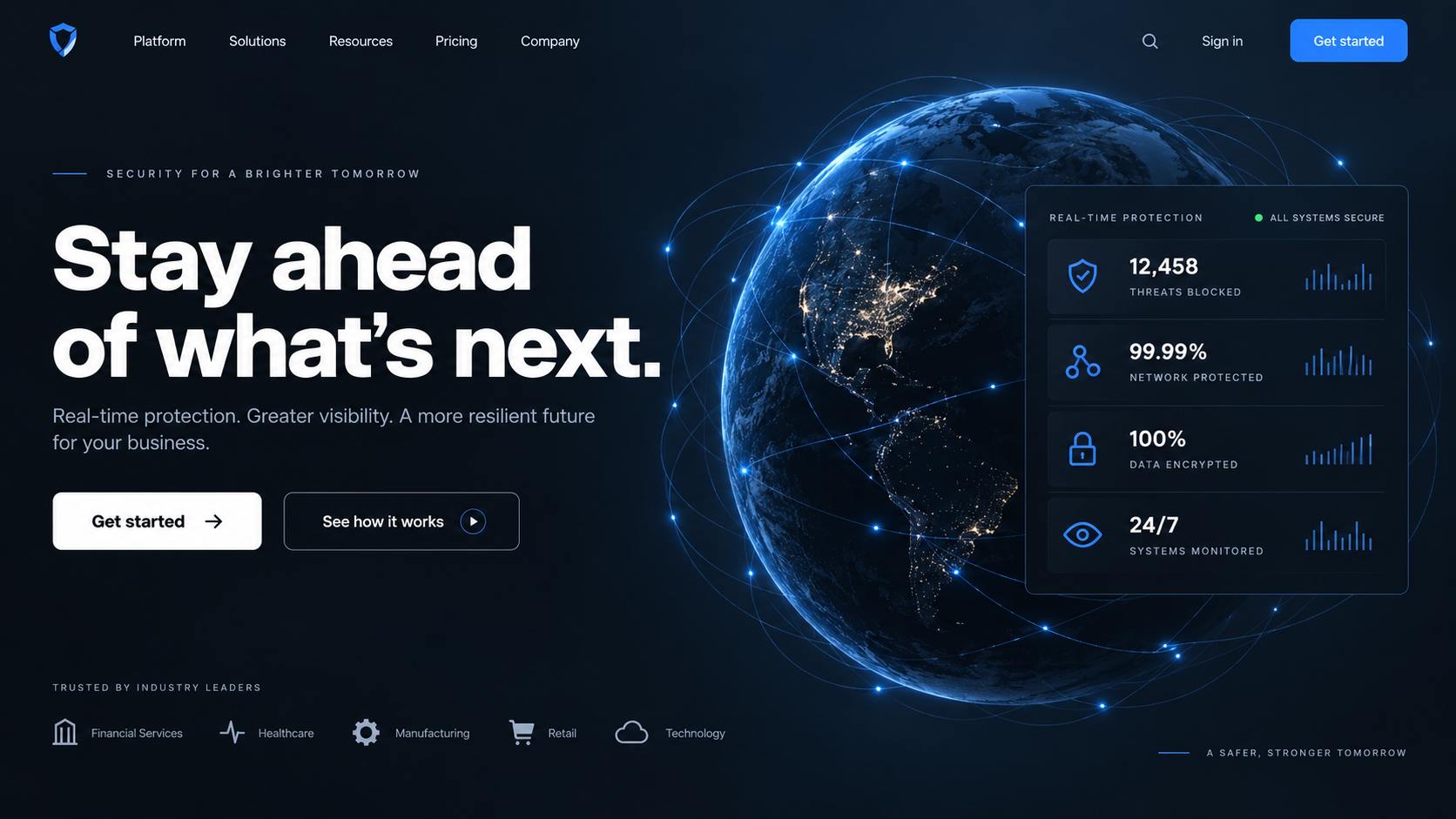 Cybersecurity product page with threat monitoring panel