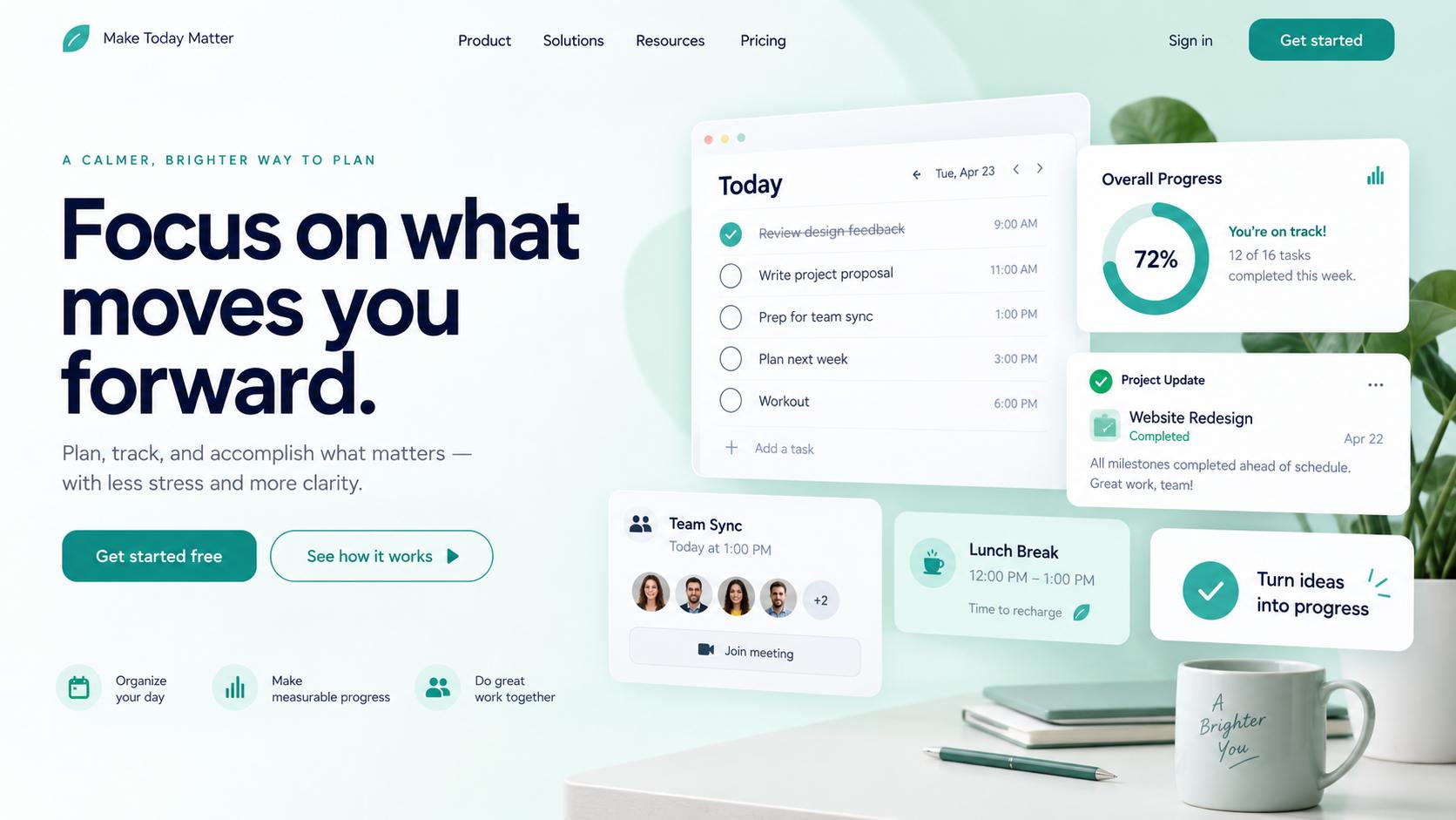 Productivity app landing page with task interface preview