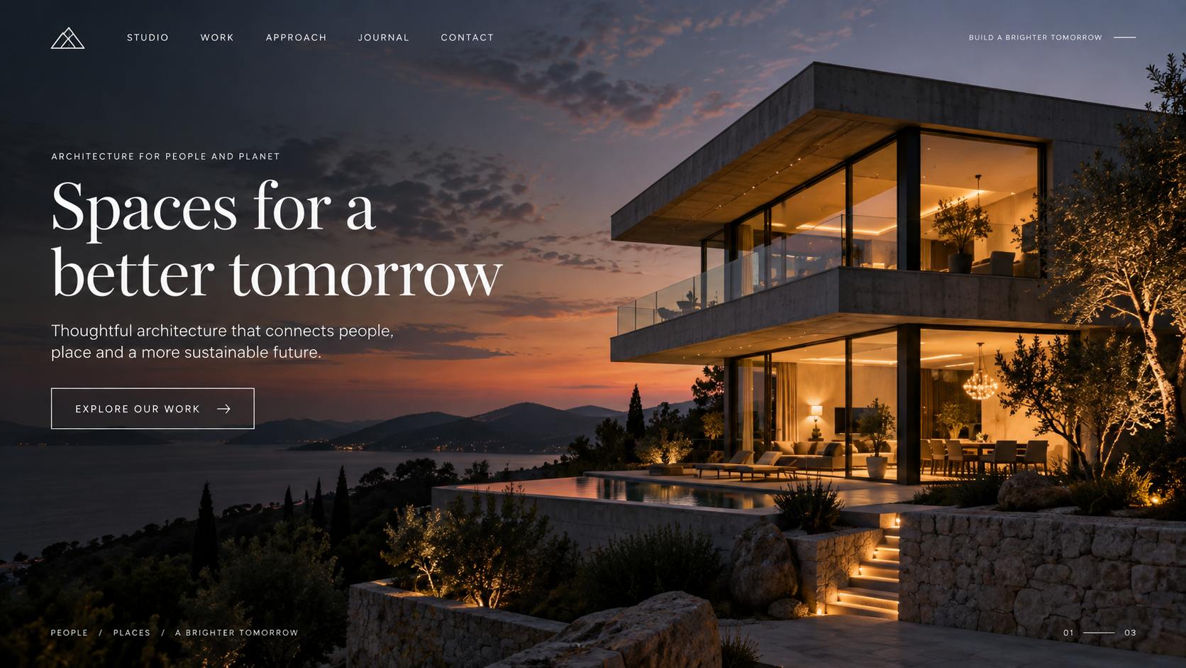 Landing page for an architecture studio, dark hero with project imagery