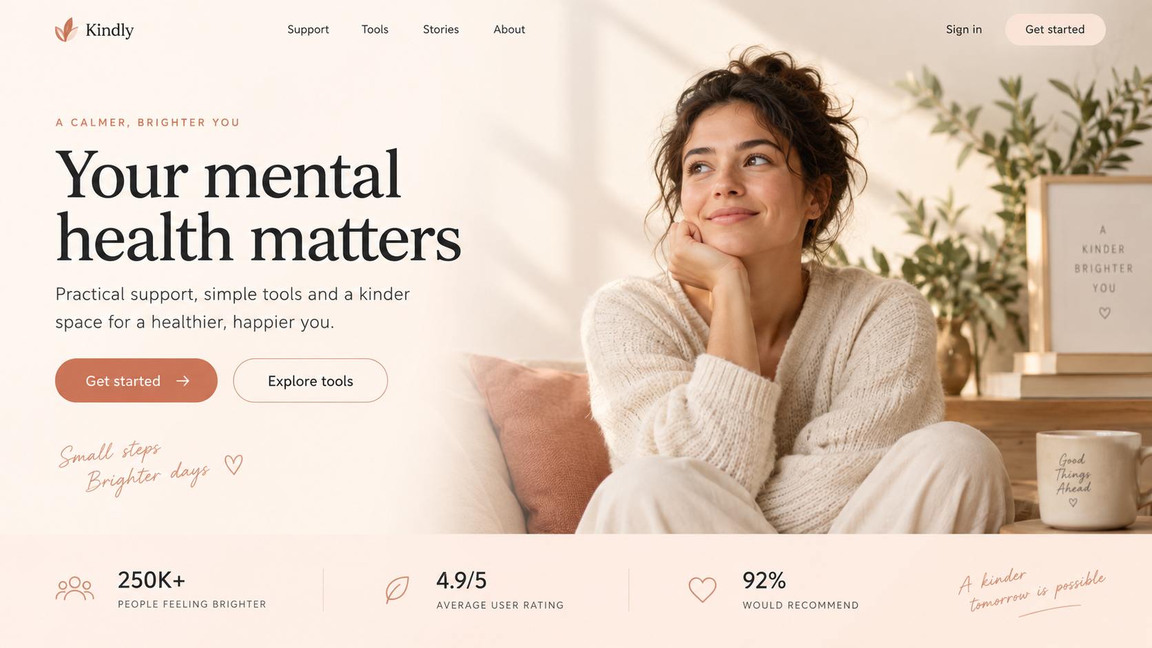 Mental wellness app site with calm editorial layout