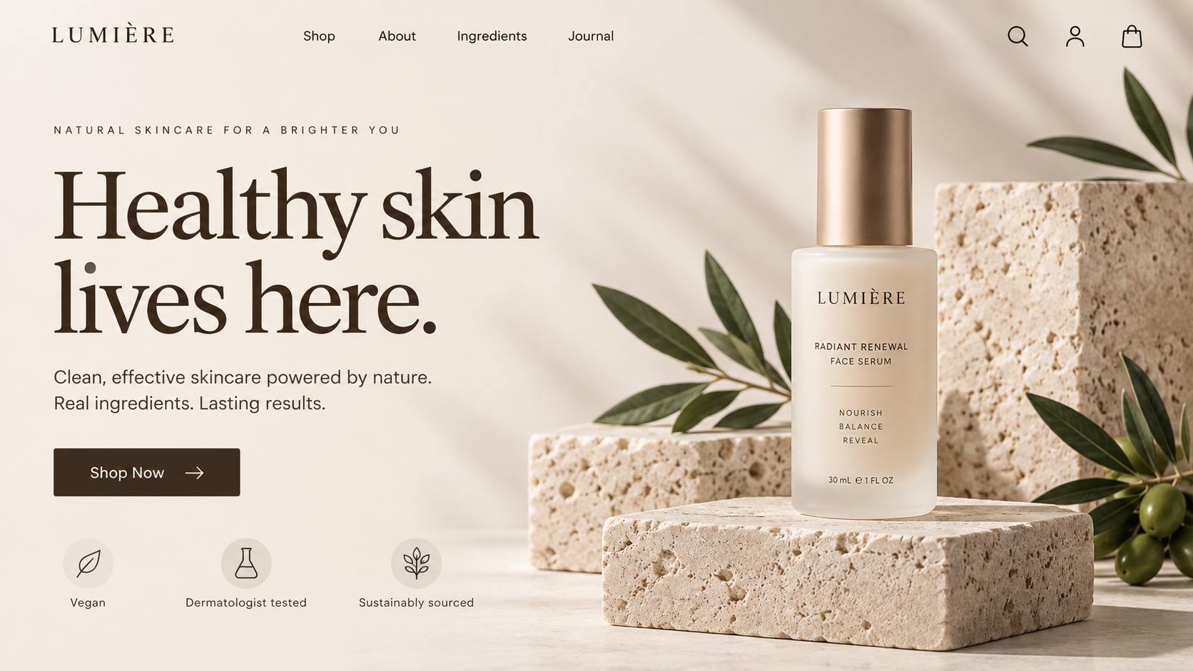 Skincare storefront with product grid and editorial hero